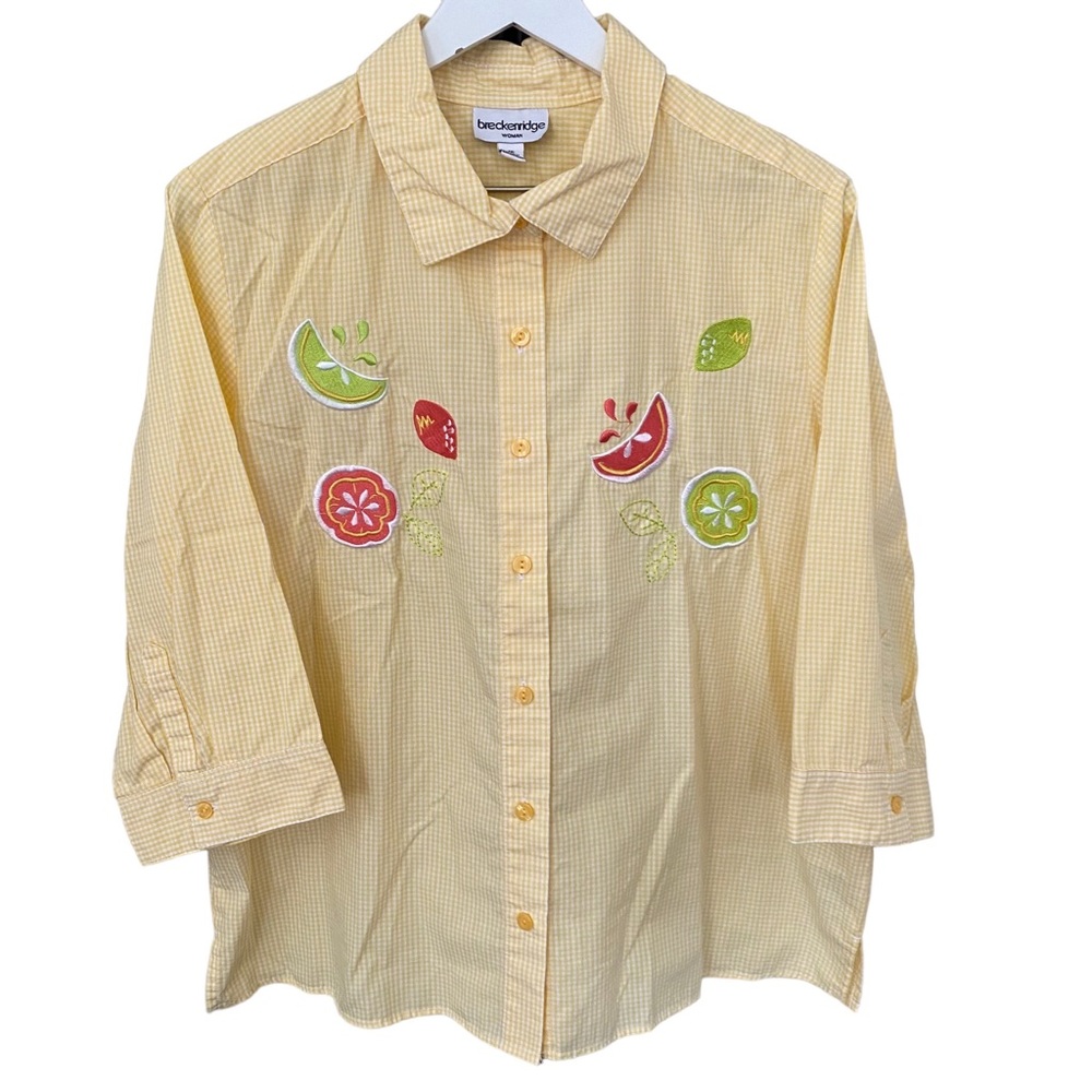 Breckenridge Woman Embroidered Gingham Tropical Fruit Print Button Front Size 1X